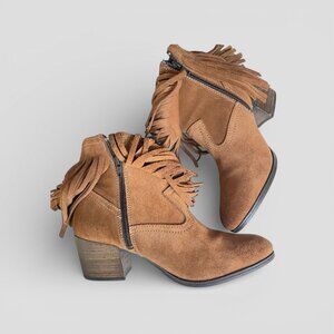 Taos Fringe Block Heel Ankle Boots Zip Suede Brown Western, Women IT 40 / US 9.5